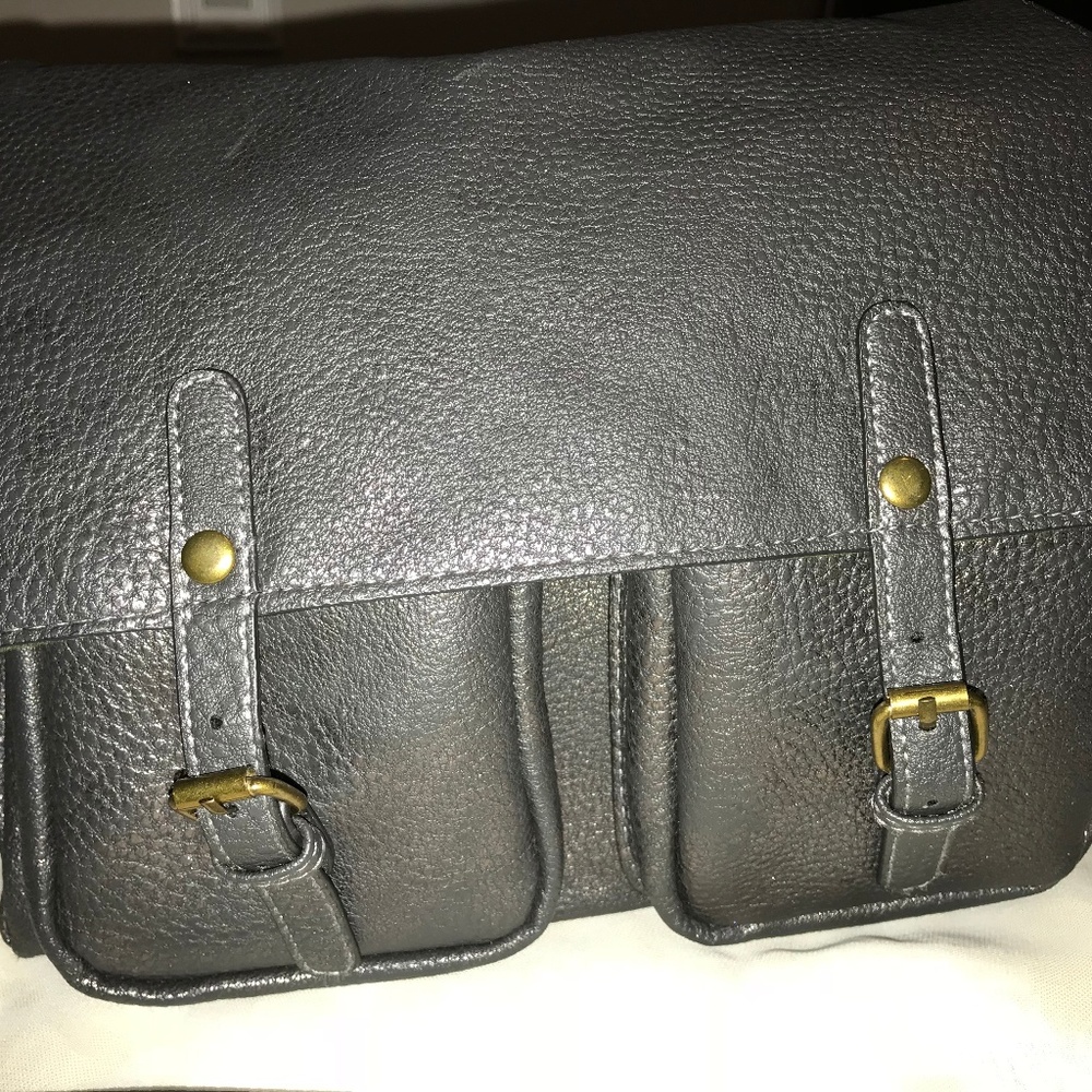 Purse reversible gray/ chevron green faux suede